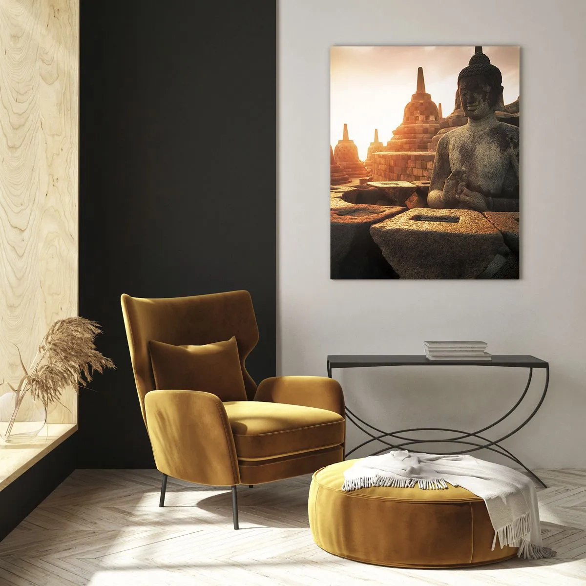 Glasbild - Bild auf glas - Buddha-Statue im Borobudur-Tempel bei Sonnenuntergang - 80x120cm - Wetter der großen Weisheit - Moderne Wanddekoration für Wohnzimmer und Schlafzimmer ARTTOR