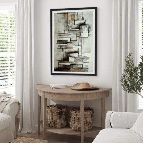 Poster in einem schwarzem Rahmen - Abstrakte geometrische Komposition in Grau- und Schwarztönen - 50x70cm - Kraft der Einfachheit - Moderne Wanddekoration für Wohnzimmer und Schlafzimmer ARTTOR