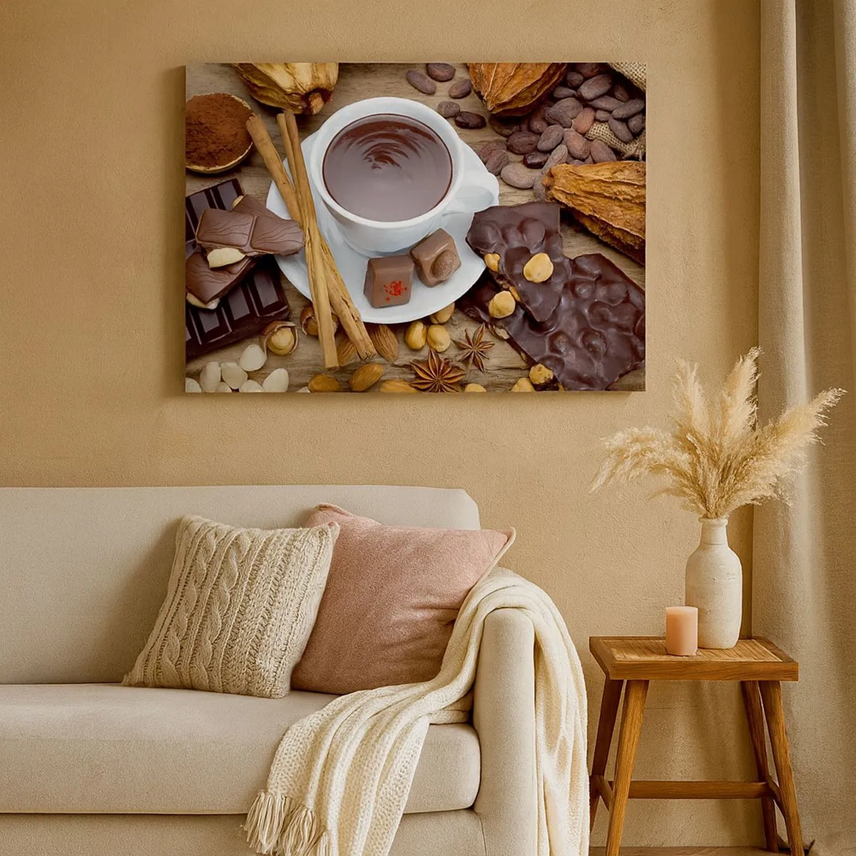 Bild auf Leinwand - Leinwandbild - Eine Tasse heiße Schokolade, umgeben von Dessertzutaten - 70x50cm - Aus einer märchenhaften Schokoladenfabrik - Moderne Wanddekoration für Wohnzimmer und Schlafzimmer ARTTOR