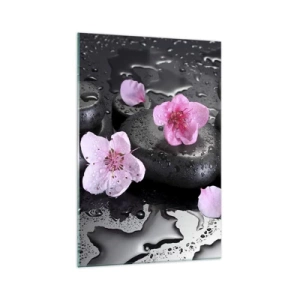 Glasbild - Bild auf glas - Schwarze Steine und rosa Blumen im Spa-Stil - 70x100cm - Und der Stein fällt vom Herzen - Moderne Wanddekoration für Wohnzimmer und Schlafzimmer ARTTOR