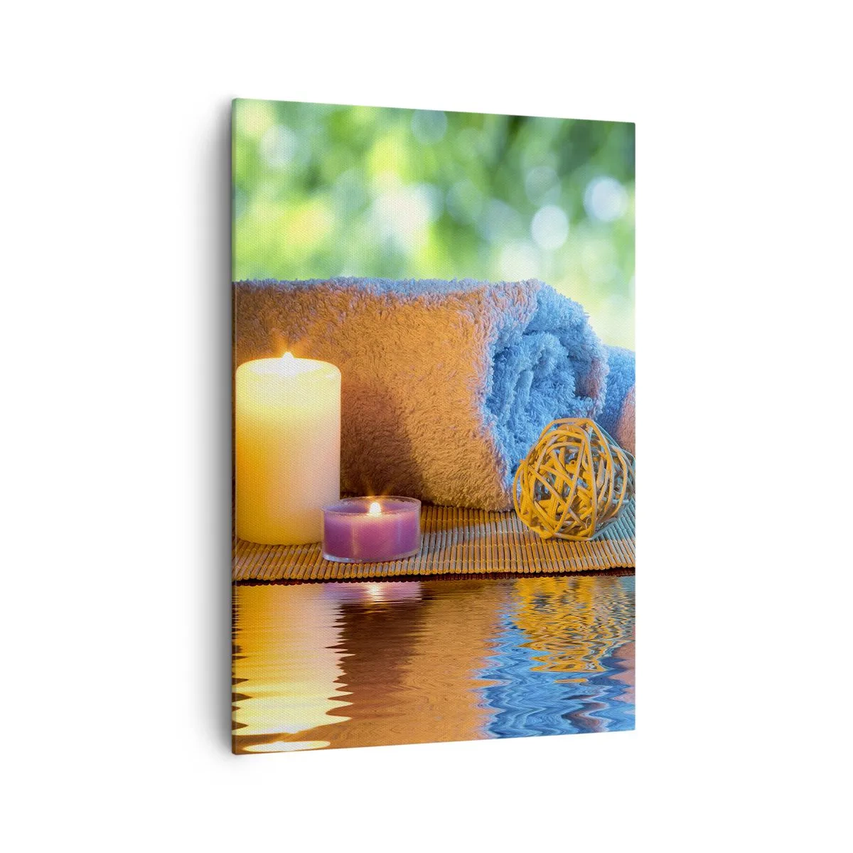 Bild auf Leinwand - Leinwandbild - Entspannendes SPA-Set mit Handtüchern, Kerzen und Steinen - 70x100cm - Zeit für den Körper - Moderne Wanddekoration für Wohnzimmer und Schlafzimmer ARTTOR