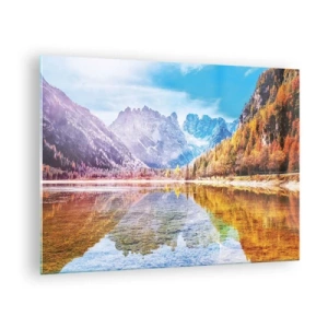 Glasbild - Bild auf glas - Herbstliche Berge spiegeln sich im See, umgeben von bunten Bäumen - 70x50cm - Und in den Bergen ist es schon Herbst - Moderne Wanddekoration für Wohnzimmer und Schlafzimmer ARTTOR