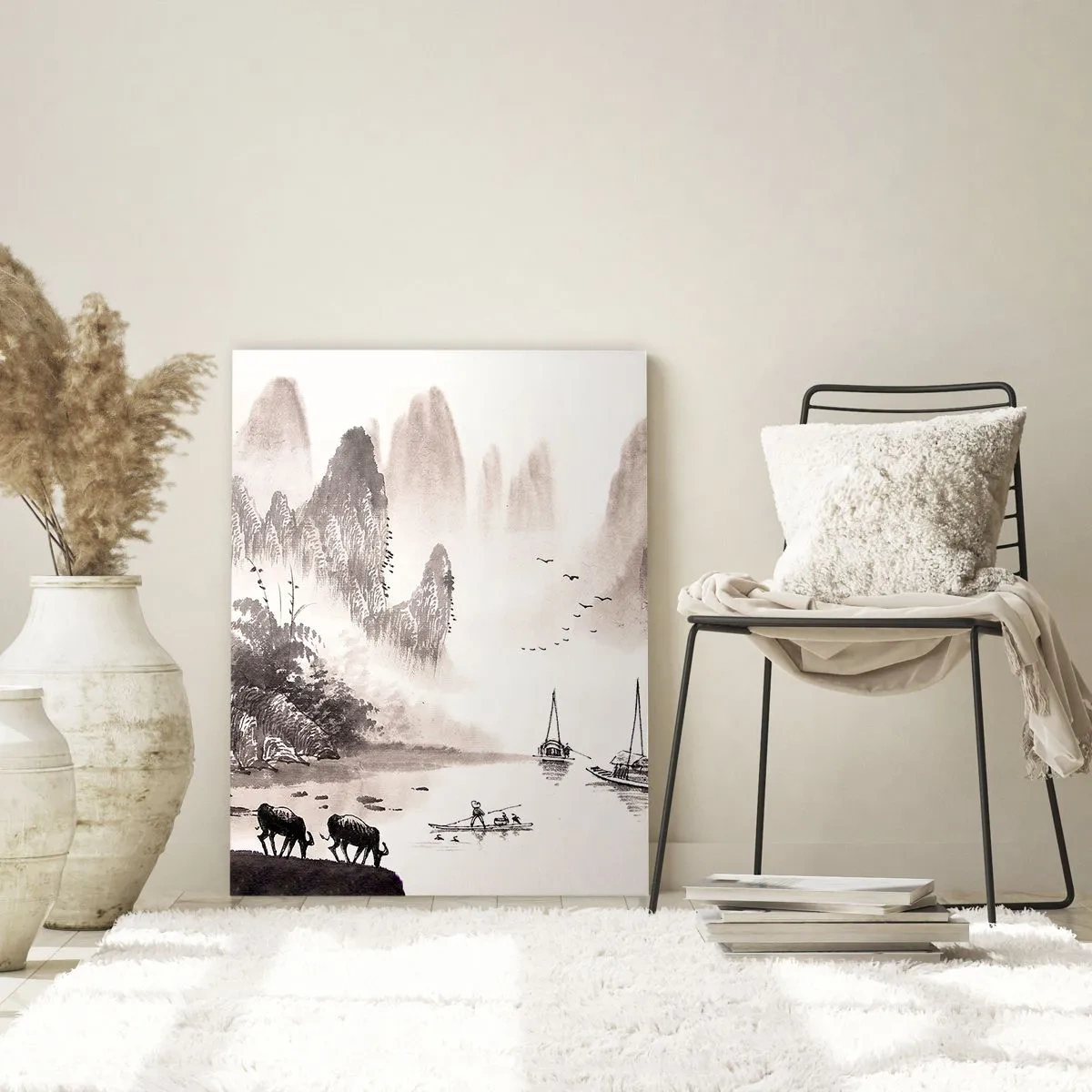 Glasbild - Bild auf glas - Eine malerische Landschaft im asiatischen Stil mit nebligen Bergen - 70x100cm - Der exotische Alltag des Ostens - Moderne Wanddekoration für Wohnzimmer und Schlafzimmer ARTTOR