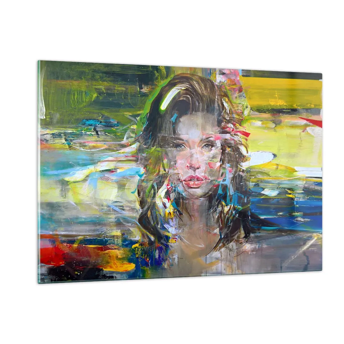 Glasbild - Bild auf glas - Abstraktes Porträt einer Frau mit dynamischem Hintergrund - 120x80cm - Hinter der Luft ein Vorhang - Moderne Wanddekoration für Wohnzimmer und Schlafzimmer ARTTOR