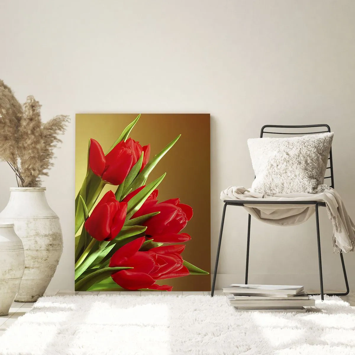 Glasbild - Bild auf glas - Ein Strauß roter Tulpen auf goldenem Hintergrund - 50x70cm - Ein Haufen Frühlingsfreude - Moderne Wanddekoration für Wohnzimmer und Schlafzimmer ARTTOR