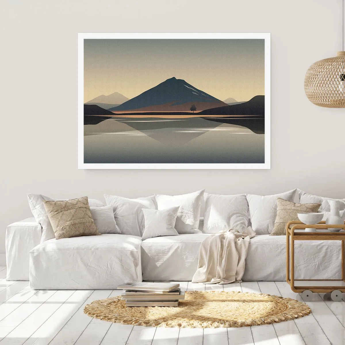 Poster - Minimalistische Berglandschaft mit Spiegelung im Wasser - 100x70cm - Spiegelreflexion - Moderne Wanddekoration für Wohnzimmer und Schlafzimmer ARTTOR