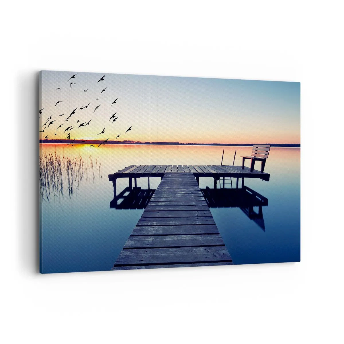 Bild auf Leinwand - Leinwandbild - Holzsteg auf einem See bei Sonnenaufgang mit Vögeln - 100x70cm - Das war ein guter Tag - Moderne Wanddekoration für Wohnzimmer und Schlafzimmer ARTTOR