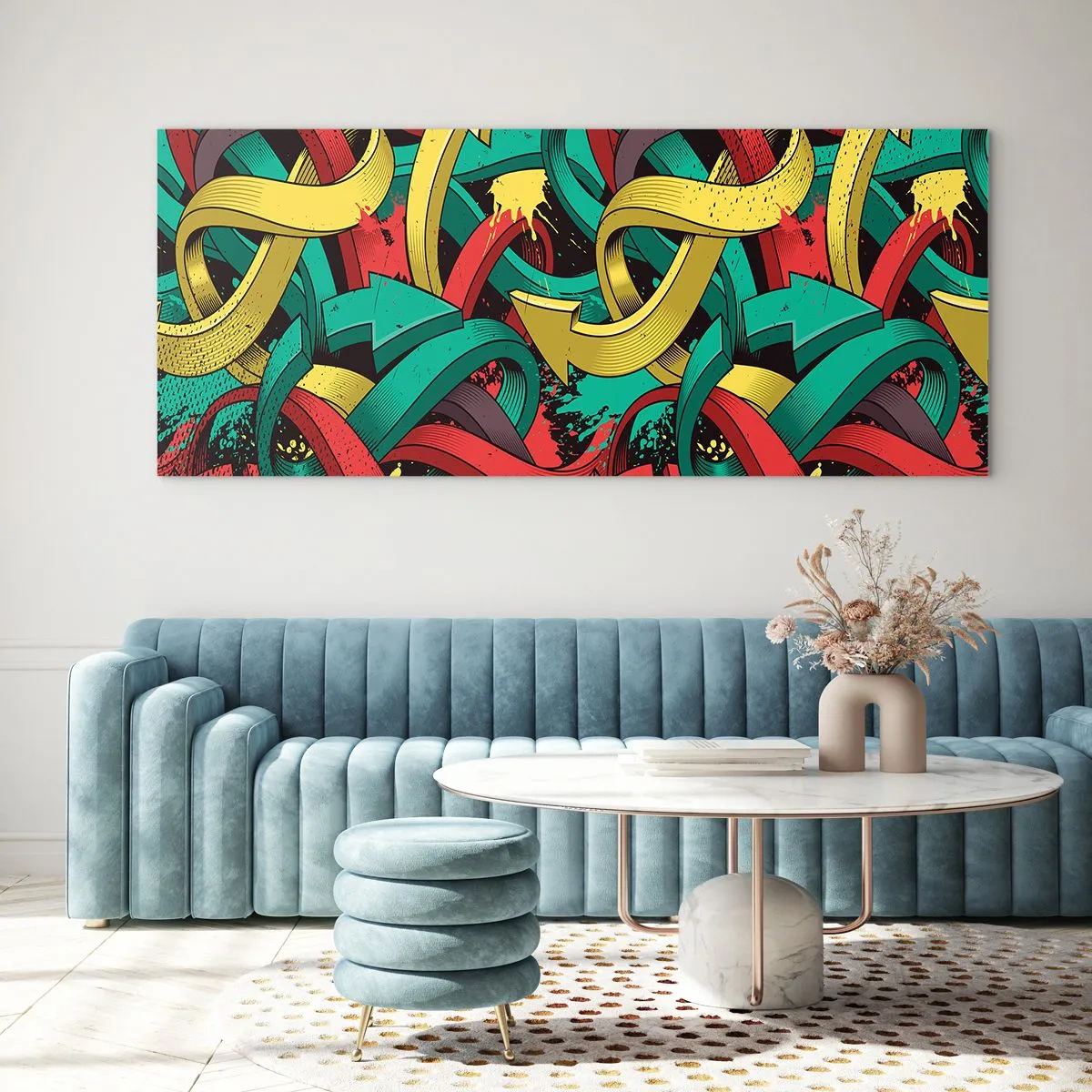 Glasbild - Bild auf glas - Abstrakte Pfeile in leuchtenden Farben schaffen Chaos - 160x50cm - Welcher Weg zum Ziel? - Moderne Wanddekoration für Wohnzimmer und Schlafzimmer ARTTOR