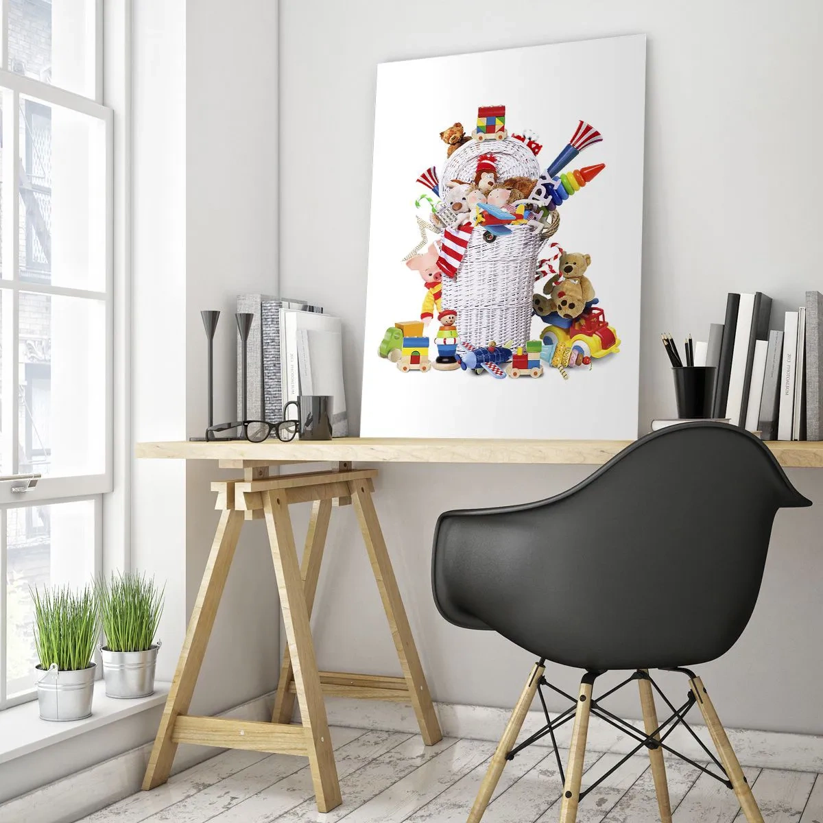 Glasbild - Bild auf glas - Ein Korb voller bunter Spielsachen auf weißem Hintergrund - 50x70cm - Schätze für Kleinkinder - Moderne Wanddekoration für Wohnzimmer und Schlafzimmer ARTTOR