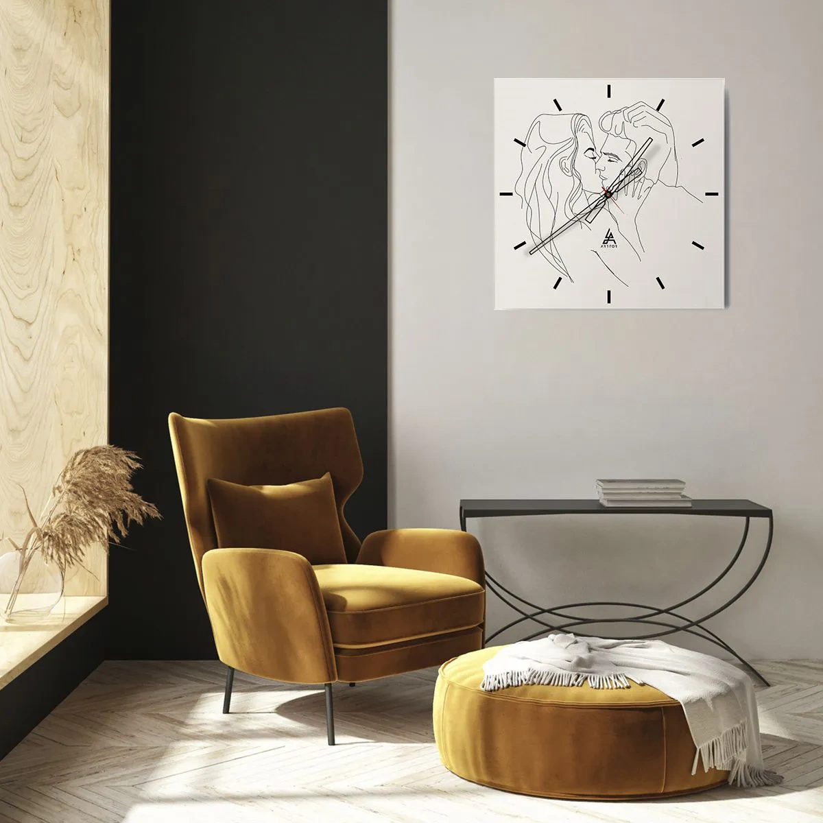 Wanduhr - Glasuhr - Eine minimalistische Illustration eines Paares in einer liebevollen Umarmung - 30x30cm - Verstrickt im Gefühl - Moderne Wanddekoration für Wohnzimmer und Schlafzimmer ARTTOR