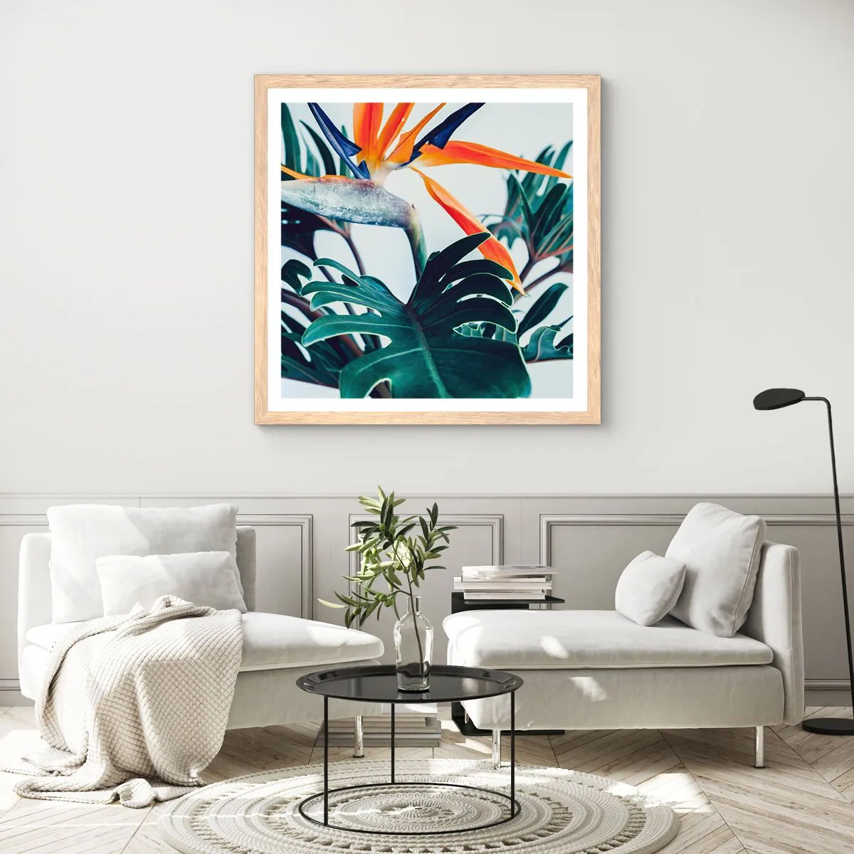 Poster in einem Rahmen aus heller Eiche - Vogelbusch - 60x60 cm