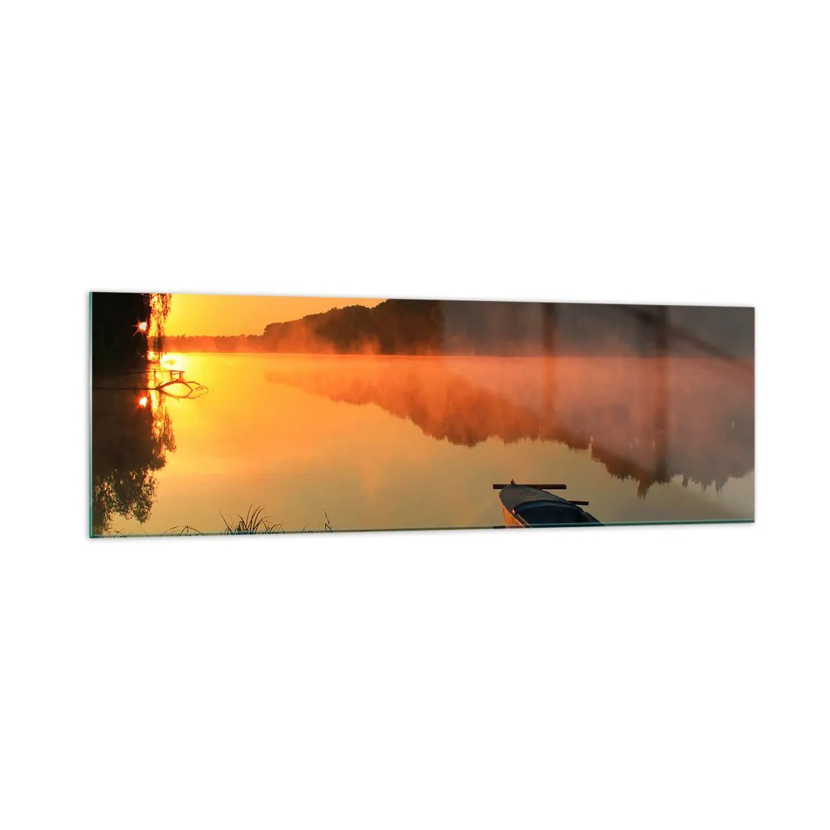Glasbild - Bild auf glas - Morgennebel über dem Fluss mit einem Boot in den Sonnenstrahlen - 160x50cm - Sonnenaufgang über dem Wasser wie ein Spiegel - Moderne Wanddekoration für Wohnzimmer und Schlafzimmer ARTTOR