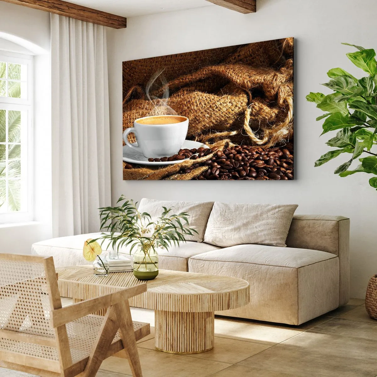 Bild auf Leinwand - Leinwandbild - Eine Tasse Kaffee, umgeben von einer Tüte Kaffeebohnen - 120x80cm - Der Geruch von Mokka und die Dicke der Honigflüssigkeit - Moderne Wanddekoration für Wohnzimmer und Schlafzimmer ARTTOR