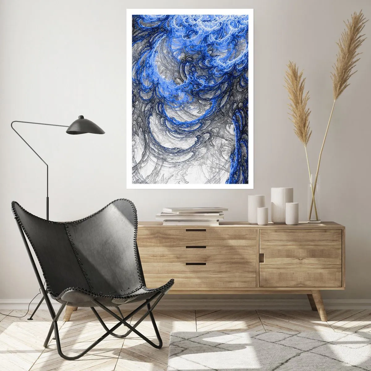Poster - Abstrakte Wellen in Blau- und Grautönen - 50x70cm - Die Geburt einer Welle - Moderne Wanddekoration für Wohnzimmer und Schlafzimmer ARTTOR