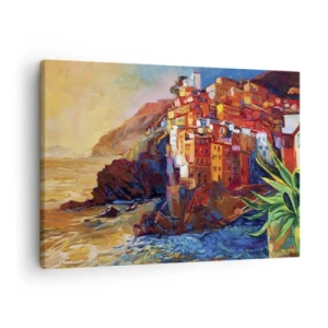 Bild auf Leinwand - Leinwandbild - Bunte Häuser auf einer Klippe über dem Meer - 70x50cm - Italienische Atmosphäre - Moderne Wanddekoration für Wohnzimmer und Schlafzimmer ARTTOR
