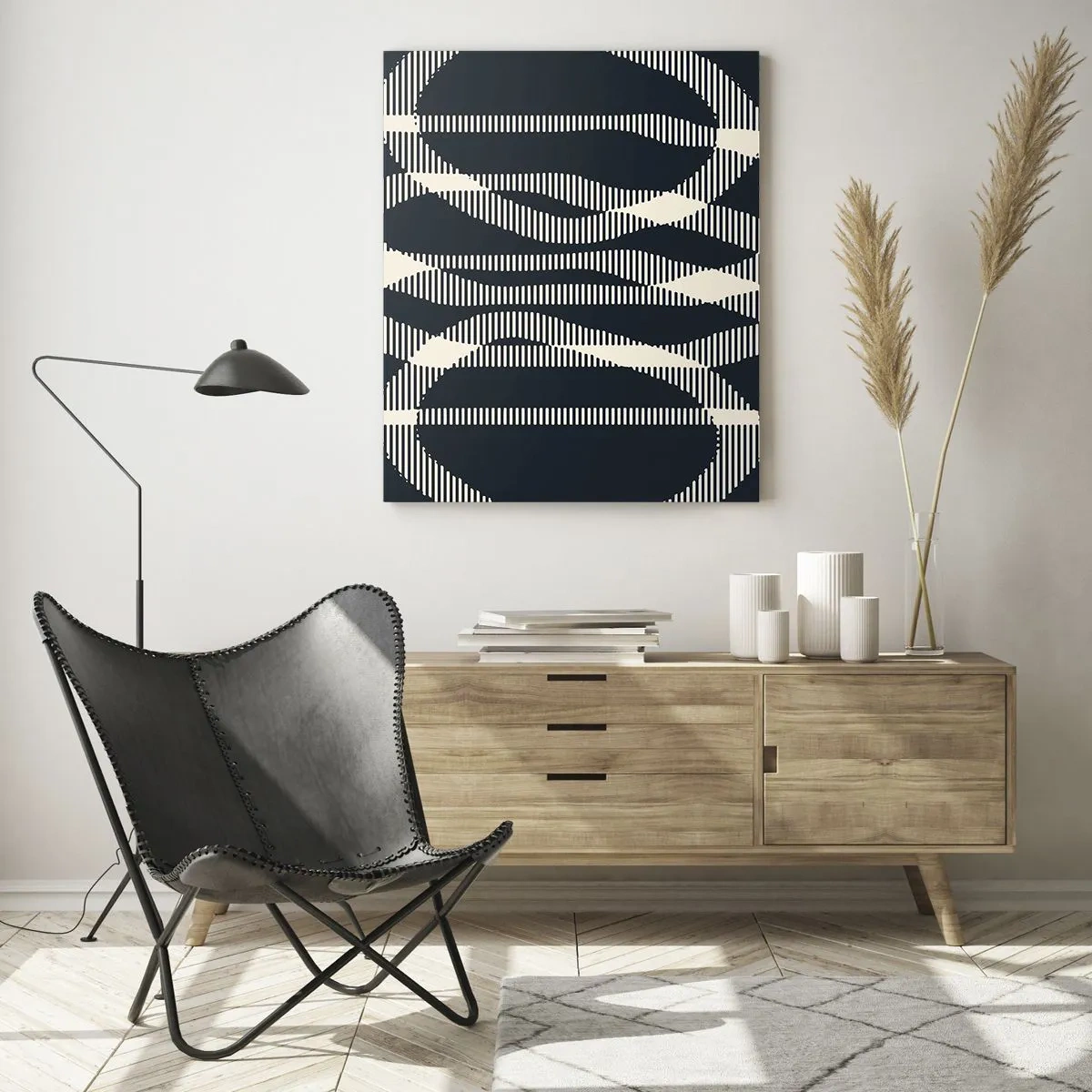 Glasbild - Bild auf glas - Geometrische Linien in Schwarz- und Beigetönen - 50x70cm - Ein Versuch, die Dunkelheit zu durchbrechen - Moderne Wanddekoration für Wohnzimmer und Schlafzimmer ARTTOR