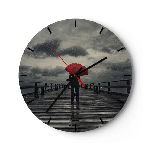 Wanduhr - Glasuhr - Eine Person mit einem roten Regenschirm auf einem Pier an einem regnerischen Tag. - 30x30cm - Es ist egal, dass es regnet - Moderne Wanddekoration für Wohnzimmer, Küche und Schlafzimmer ARTTOR