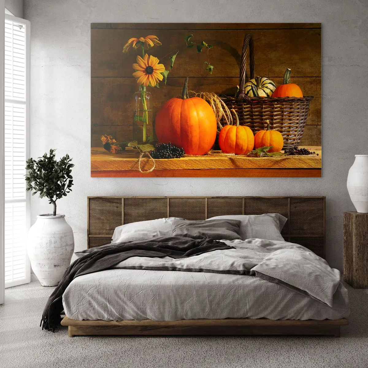 Glasbild - Bild auf glas - Herbstliches Stillleben mit Kürbissen und Blumen - 70x50cm - Eine rustikale Komposition - Geschenke des Herbstes - Moderne Wanddekoration für Wohnzimmer und Schlafzimmer ARTTOR