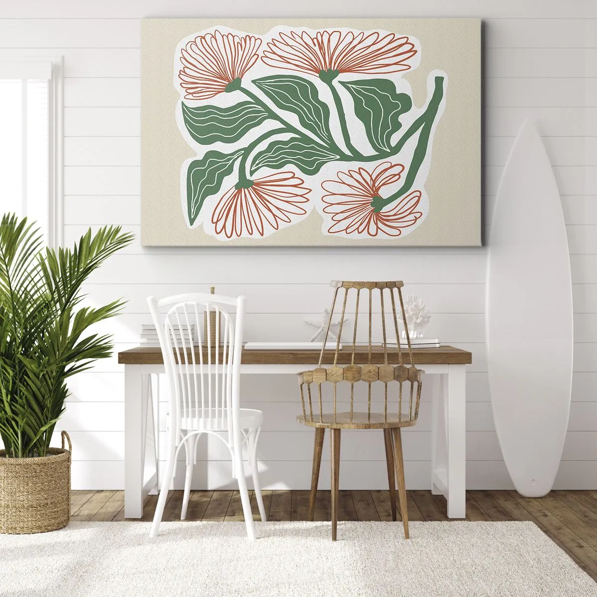 Bild auf Leinwand - Leinwandbild - Eine Blumenzeichnung im minimalistischen Stil mit grünen Blättern - 70x50cm - Im Folkstil und modern - Moderne Wanddekoration für Wohnzimmer und Schlafzimmer ARTTOR