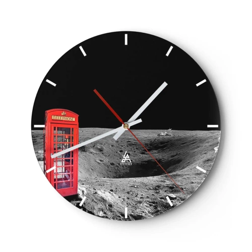 Wanduhr - Glasuhr - Eine rote Telefonzelle auf der Mondoberfläche - 30x30cm - Ein kosmischer Witz - Moderne Wanddekoration für Wohnzimmer, Küche und Schlafzimmer ARTTOR