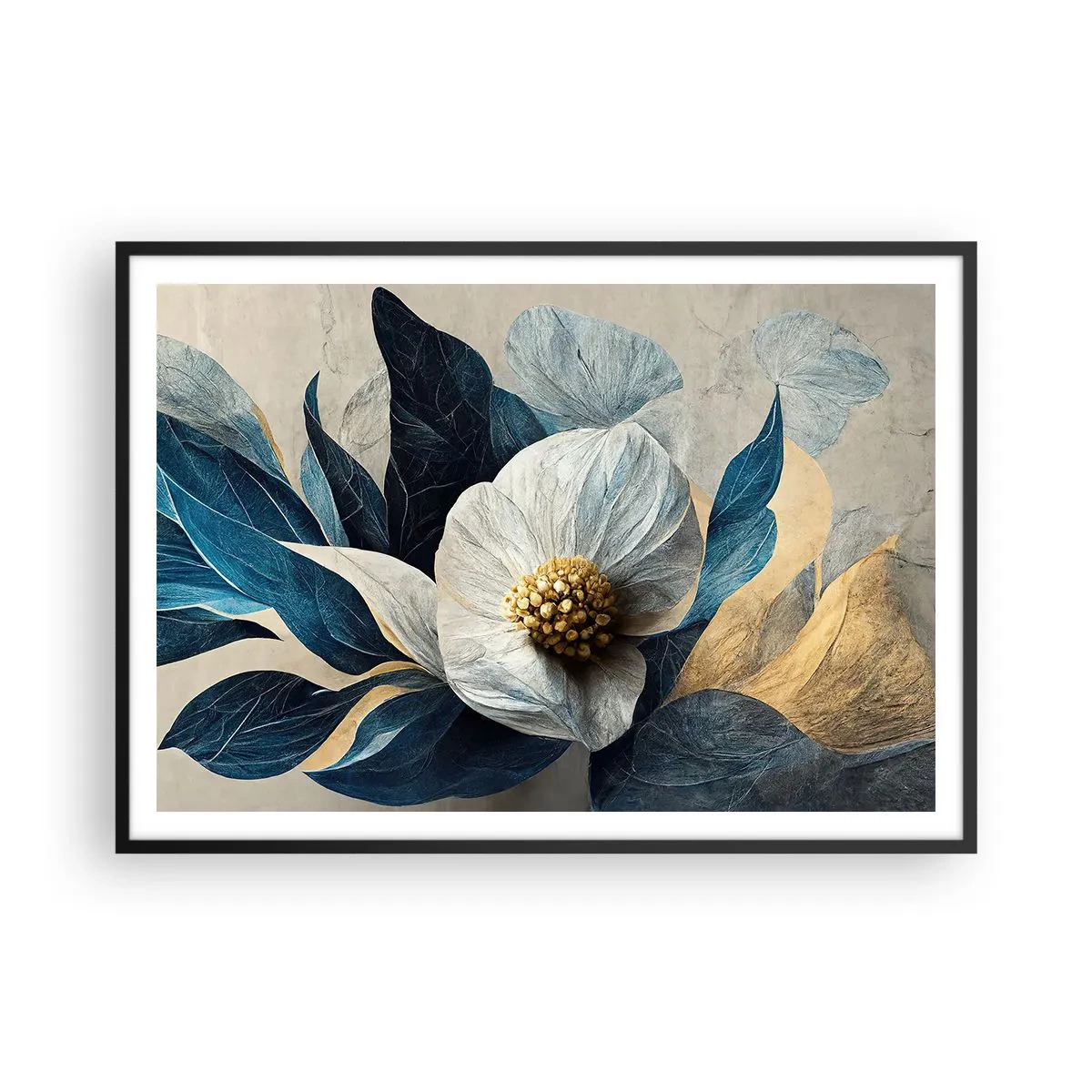 Poster in einem schwarzem Rahmen - Eine Blume mit blauen Blättern auf einem eleganten Hintergrund - 100x70cm - Er hat ein Herz aus Gold - Moderne Wanddekoration für Wohnzimmer und Schlafzimmer ARTTOR