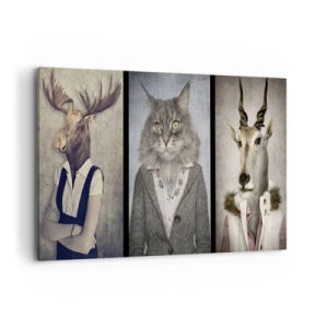 Bild auf Leinwand - Leinwandbild - Ein Triptychon mit Tierfiguren in eleganter Kleidung vor stilisiertem Hintergrund - 120x80cm - Pelze sind wieder in Mode - Moderne Wanddekoration für Wohnzimmer und Schlafzimmer ARTTOR