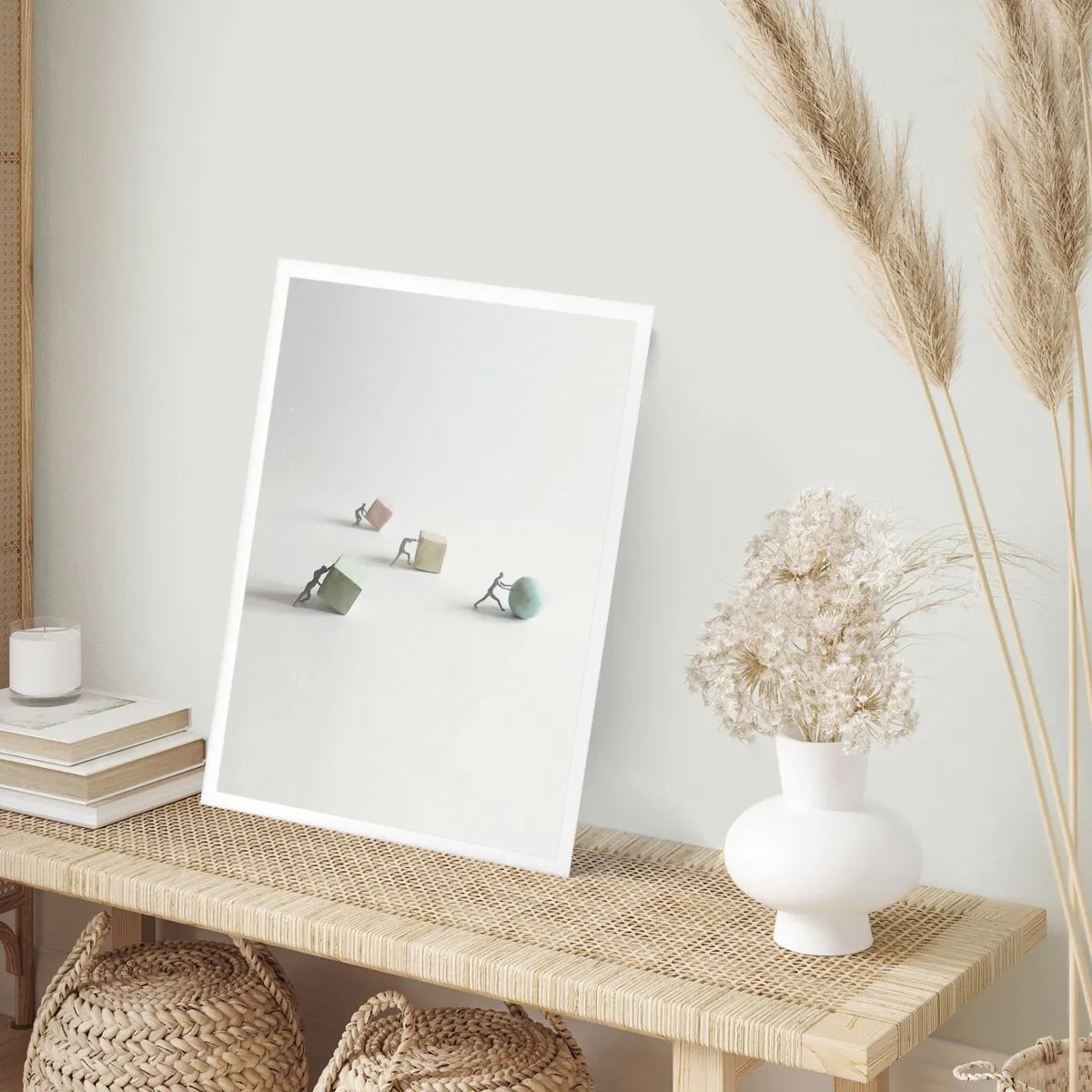 Poster - Miniaturfiguren, die bunte geometrische Formen schieben - 50x70cm - Pures Leben - Moderne Wanddekoration für Wohnzimmer und Schlafzimmer ARTTOR