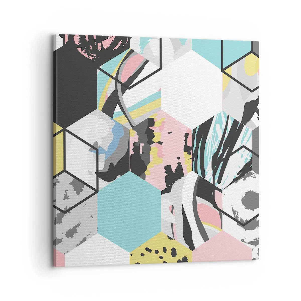 Bild auf Leinwand - Leinwandbild - Sechsecke und Würfel in sechs Farben - 60x60 cm