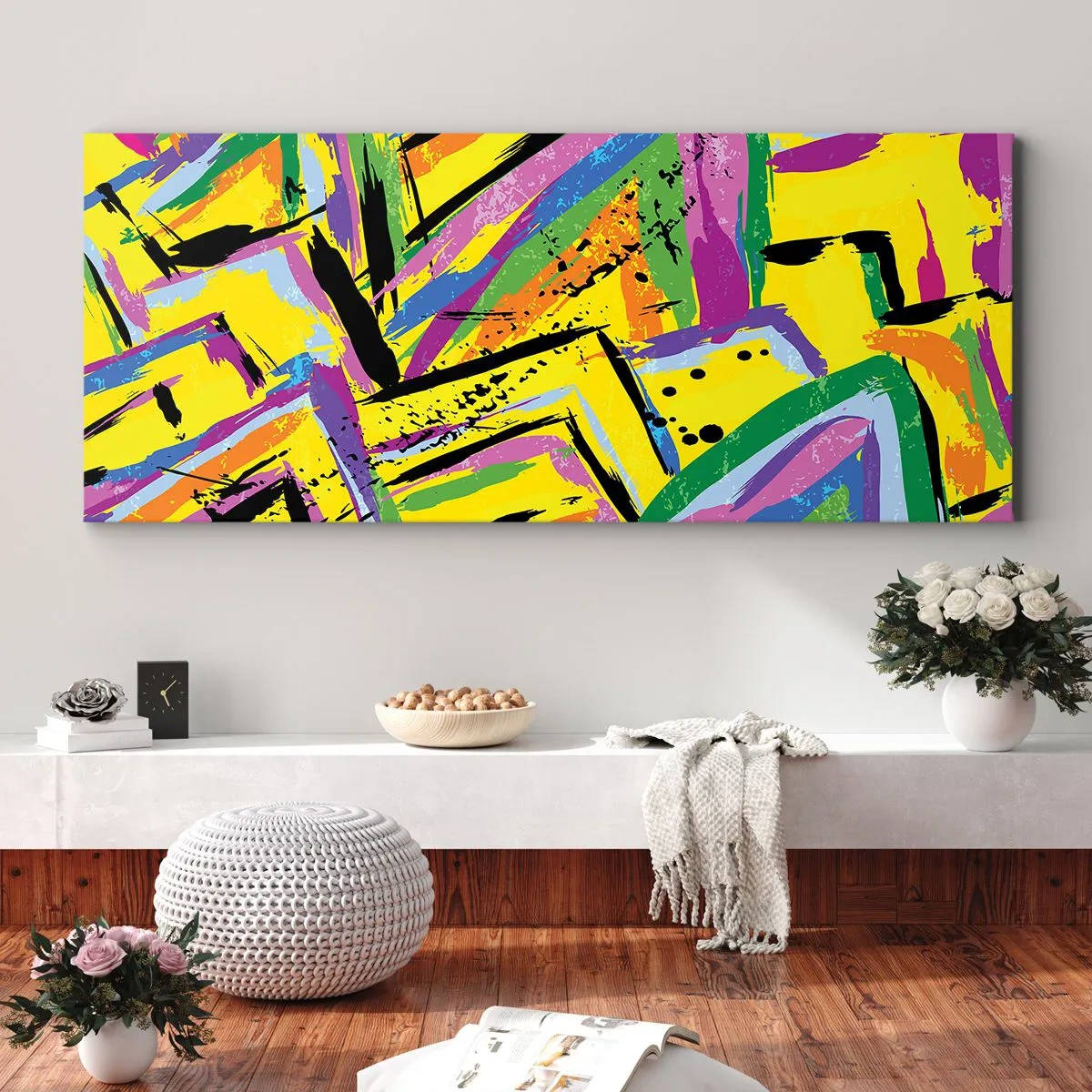 Bild auf Leinwand - Leinwandbild - Lebendige Abstraktion in leuchtenden Farben und dynamischen Formen - 120x50cm - Bis sie vor Freude schreit - Moderne Wanddekoration für Wohnzimmer und Schlafzimmer ARTTOR