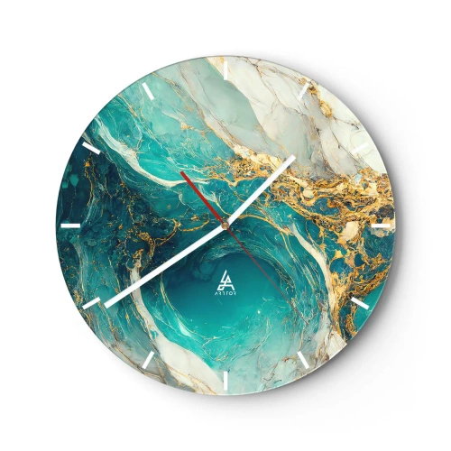 Wanduhr - Glasuhr - Türkis abstrakt mit wirbelndem Goldmuster - 30x30cm - Komposition mit Goldadern - Moderne Wanddekoration für Wohnzimmer, Küche und Schlafzimmer ARTTOR