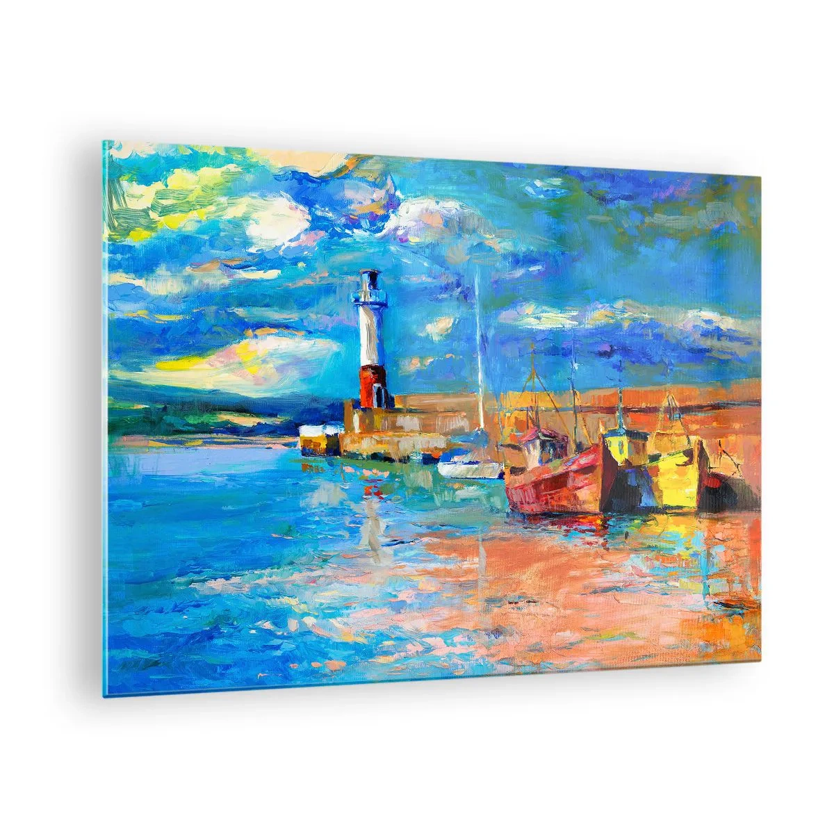 Glasbild - Bild auf glas - Rainbow Bay mit Leuchtturm und bunten Booten im Hafen - 70x50cm - Ein Nachmittag in der Regenbogenbucht - Moderne Wanddekoration für Wohnzimmer und Schlafzimmer ARTTOR