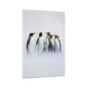 Glasbild - Bild auf glas - Eine Gruppe Kaiserpinguine im Winternebel - 70x100cm - Treffen in Abendkleidern - Moderne Wanddekoration für Wohnzimmer und Schlafzimmer ARTTOR