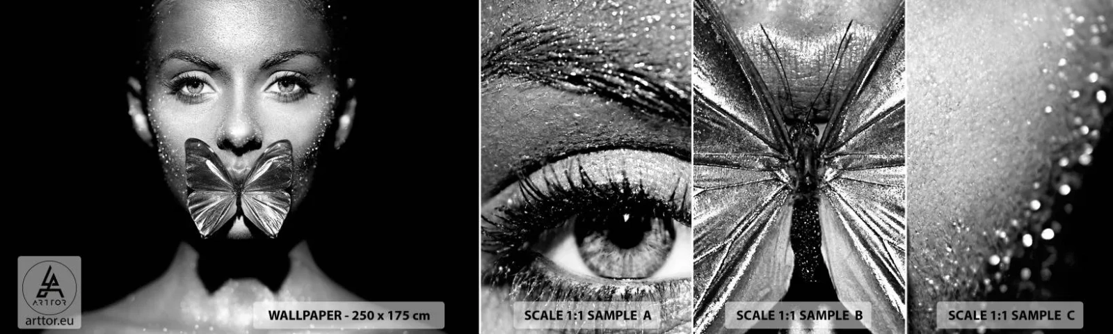 Fototapetenmuster Standard Eco - Schmetterlingskuss - Abstraktion, Frau, Schmetterling - 100x30 cm