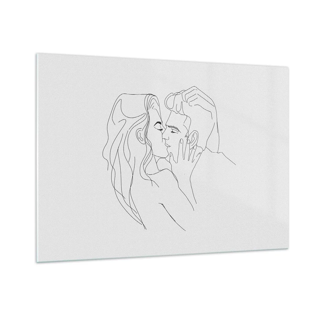 Glasbild - Bild auf glas - Eine minimalistische Zeichnung eines Paares bei einem romantischen Kuss - 100x70cm - Dieselbe Linie - Moderne Wanddekoration für Wohnzimmer und Schlafzimmer ARTTOR
