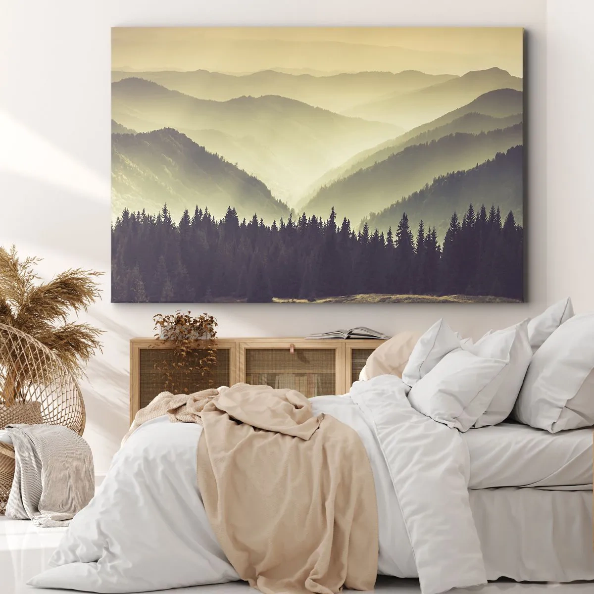 Bild auf Leinwand - Leinwandbild - Malerische Bergketten im Nebel in warmem Licht - 120x80cm - Hinter den sieben Bergen ... - Moderne Wanddekoration für Wohnzimmer und Schlafzimmer ARTTOR