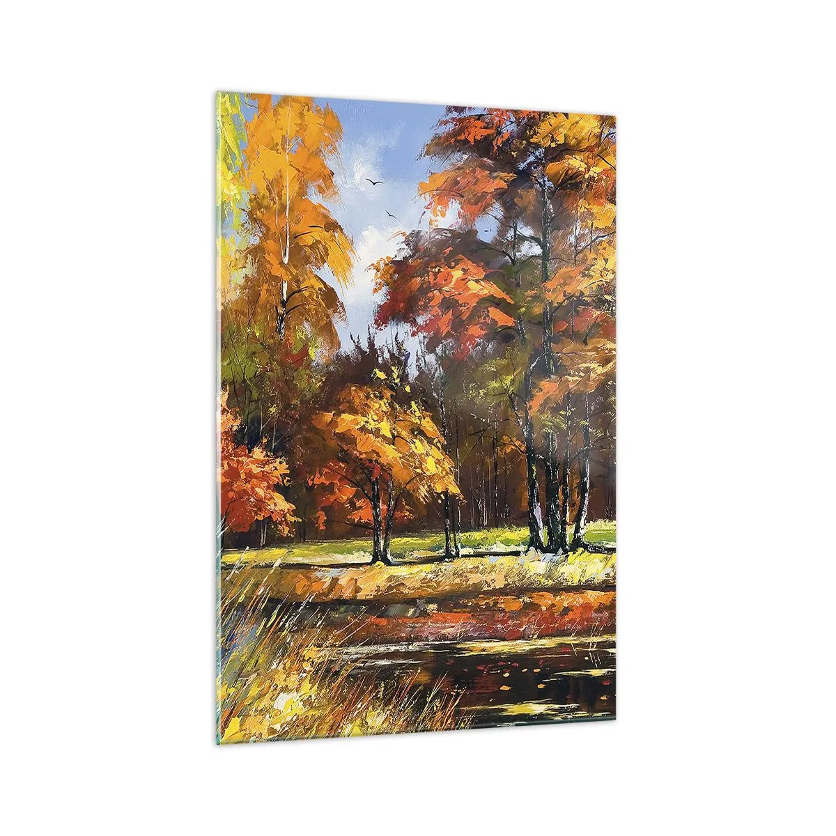 Glasbild - Bild auf glas - Herbstlandschaft mit bunten Bäumen und einem Teich - 70x100cm - Landschaft in Gold und Bronze - Moderne Wanddekoration für Wohnzimmer und Schlafzimmer ARTTOR