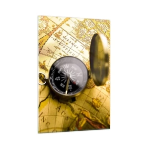 Glasbild - Bild auf glas - Ein antiker Kompass vor dem Hintergrund einer alten Weltkarte - 80x120cm - Oder vielleicht bis ans Ende der Welt? - Moderne Wanddekoration für Wohnzimmer und Schlafzimmer ARTTOR