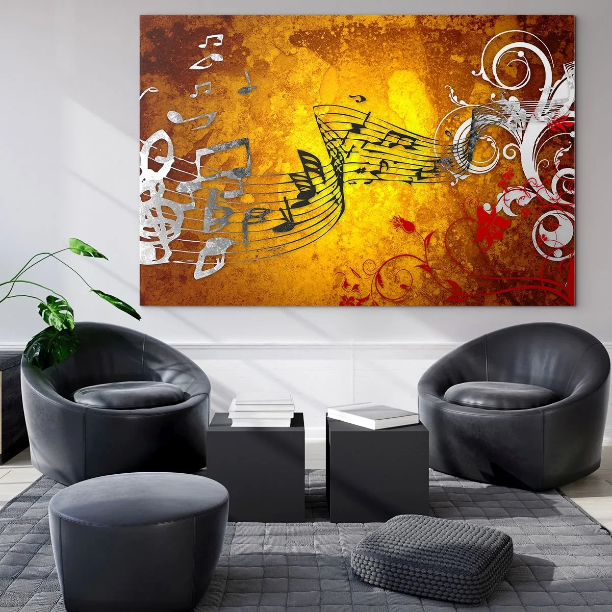 Glasbild - Bild auf glas - Musikalische Motive vor einem Hintergrund aus goldenen Ornamenten - 70x50cm - Lass die Musik fließen - Moderne Wanddekoration für Wohnzimmer und Schlafzimmer ARTTOR