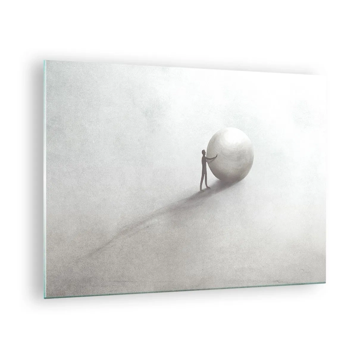 Glasbild - Bild auf glas - Eine minimalistische Silhouette eines Mannes mit einem großen Ball auf hellem Hintergrund. - 70x50cm - Das Spiel des Lebens - Moderne Wanddekoration für Wohnzimmer und Schlafzimmer ARTTOR