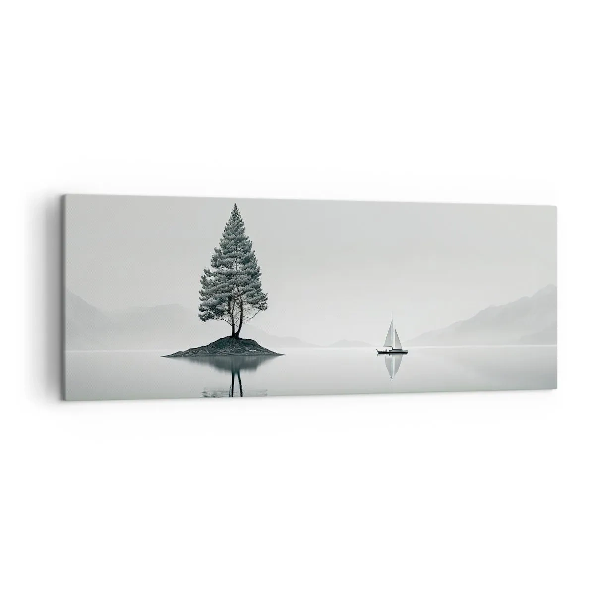Bild auf Leinwand - Leinwandbild - Eine minimalistische Landschaft mit einem Baum auf einer Insel und einem Segelboot. - 140x50cm - Traum - Moderne Wanddekoration für Wohnzimmer und Schlafzimmer ARTTOR