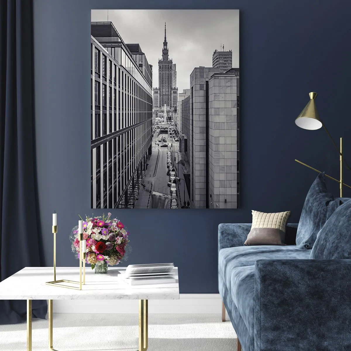 Glasbild - Bild auf glas - Panorama von Warschau mit Blick auf den Kulturpalast und die umliegenden Gebäude - 80x120cm - Warschauer Tal - Moderne Wanddekoration für Wohnzimmer und Schlafzimmer ARTTOR