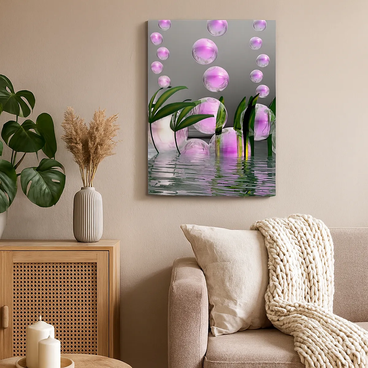 Bild auf Leinwand - Leinwandbild - Grüne Blätter und rosa Blasen über dem Wasser auf grauem Hintergrund - 50x70cm - Eine reflektierende Komposition aus Leichtigkeit und Leben - Moderne Wanddekoration für Wohnzimmer und Schlafzimmer ARTTOR