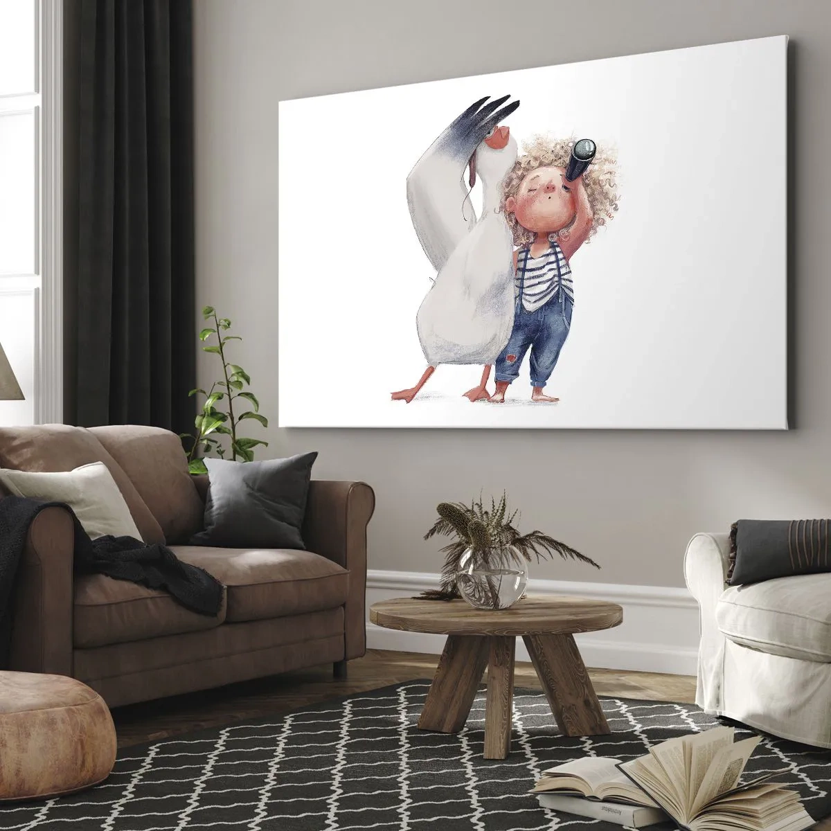 Bild auf Leinwand - Leinwandbild - Illustration eines Kindes mit einem Pelikan und einem Teleskop in der Hand - 70x50cm - Toller Reiseplan - Moderne Wanddekoration für Wohnzimmer und Schlafzimmer ARTTOR