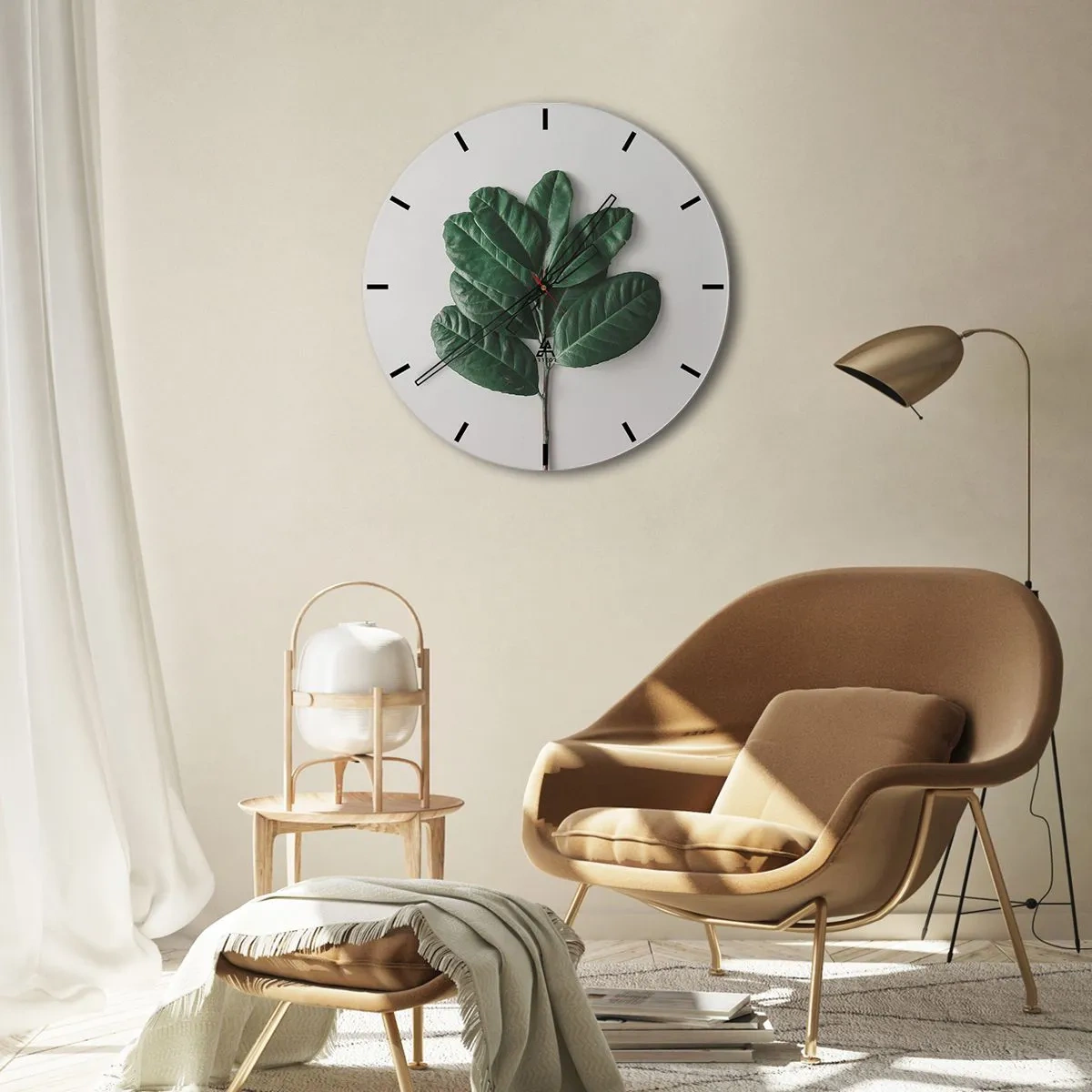 Wanduhr - Glasuhr - Ein grüner Zweig mit großen Blättern auf hellem Hintergrund - 30x30cm - Eine Zeichnung purer Natur - Moderne Wanddekoration für Wohnzimmer, Küche und Schlafzimmer ARTTOR