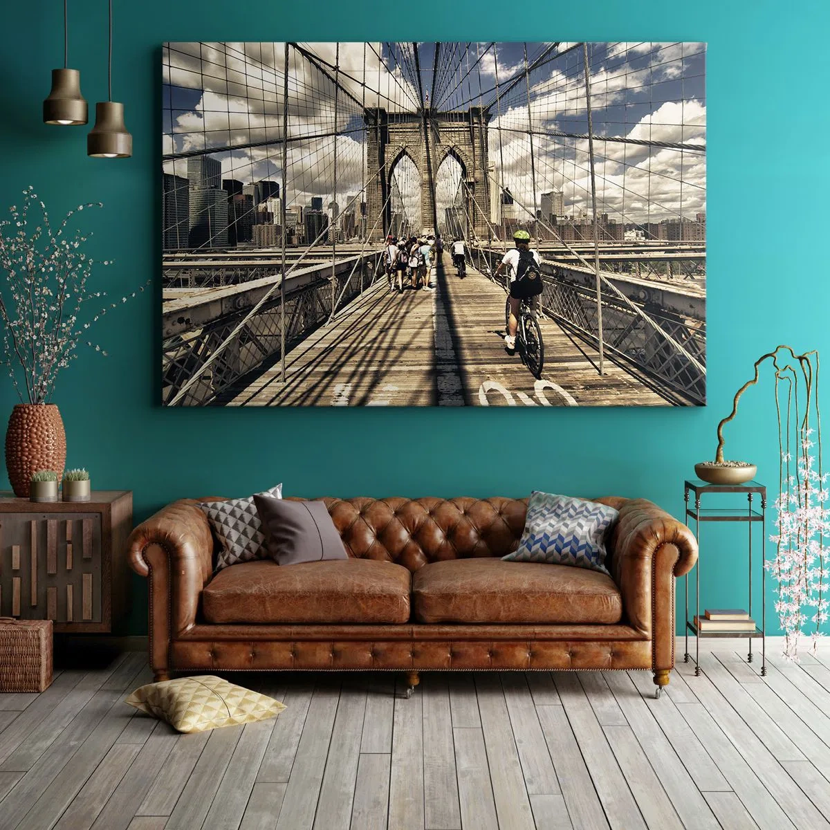 Bild auf Leinwand - Leinwandbild - Brooklyn Bridge mit Blick auf Fußgänger und Radfahrer - 100x70cm - Direkt ins Herz der Stadt - Moderne Wanddekoration für Wohnzimmer und Schlafzimmer ARTTOR