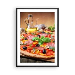 Poster in einem schwarzem Rahmen - Appetitliche Pizza mit Oliven und Kräutern auf einem Holztisch - 50x70cm - Mit echtem italienischem Flair - Moderne Wanddekoration für Wohnzimmer und Schlafzimmer ARTTOR