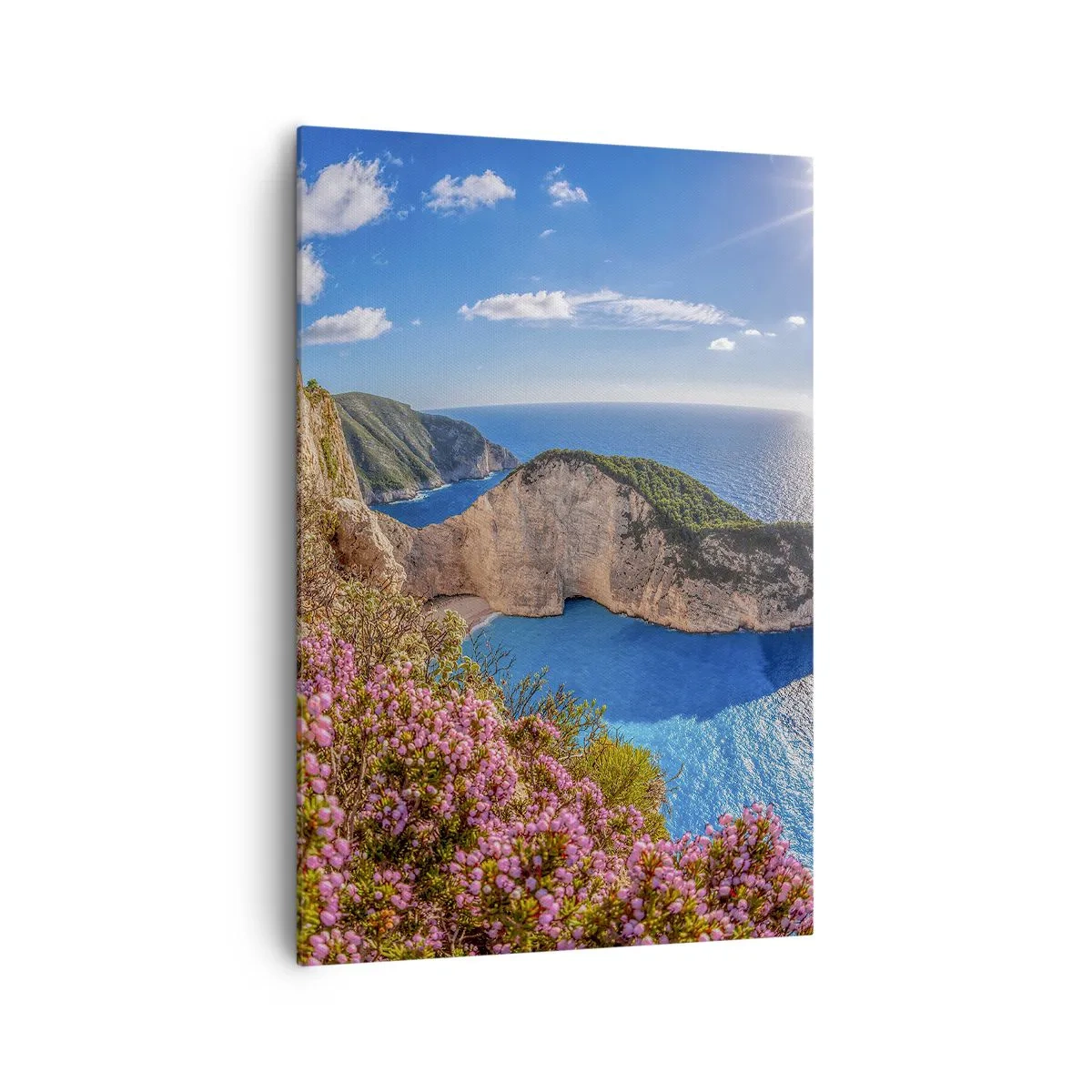 Bild auf Leinwand - Leinwandbild - Eine Klippe mit Blumen, ein türkisfarbenes Meer und eine sonnige griechische Landschaft - 70x100cm - Mein toller Griechenlandurlaub - Moderne Wanddekoration für Wohnzimmer und Schlafzimmer ARTTOR