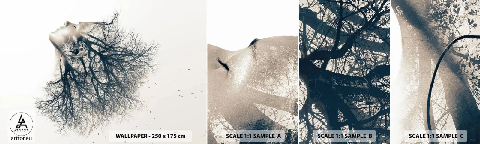 Fototapeten Muster Selbstklebend Deluxe Sticker - Dem Rauschen der Bäume lauschen - Abstraktion, Das Gesicht einer Frau, Baum - 100x30 cm