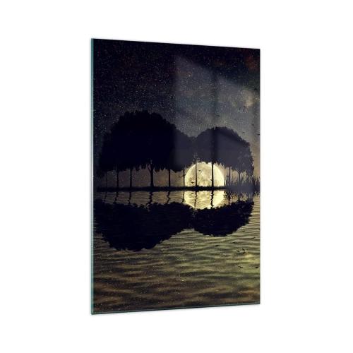 Glasbild - Bild auf glas - Eine magische Nacht mit Bäumen und dem Mond, der sich im Wasser spiegelt - 70x100cm - Nacht am Ende der Welt - Moderne Wanddekoration für Wohnzimmer und Schlafzimmer ARTTOR