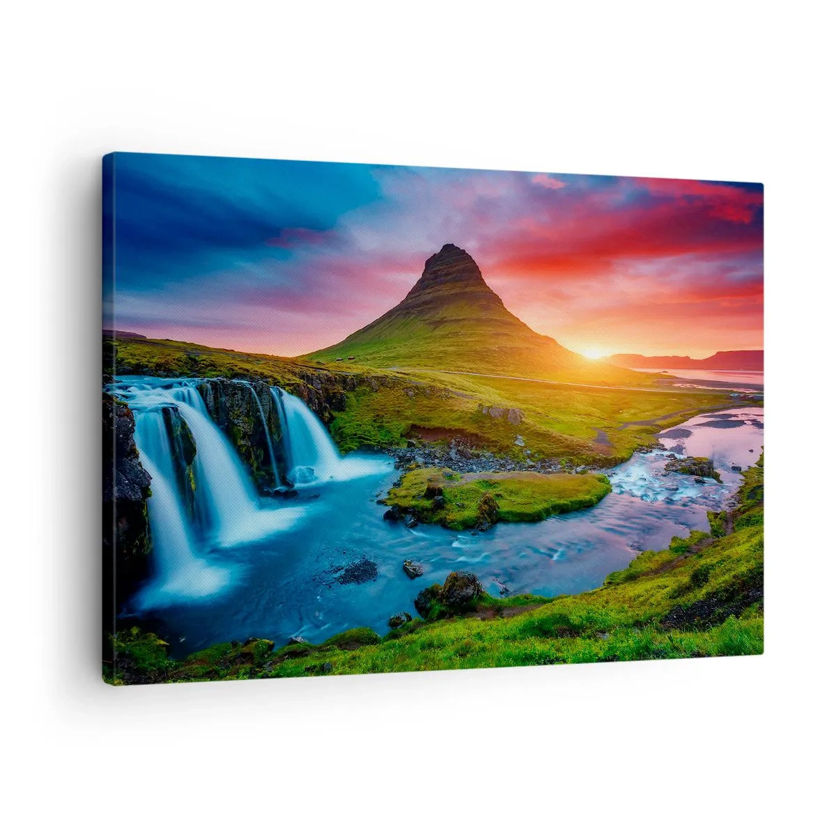 Bild auf Leinwand - Leinwandbild - Malerischer Wasserfall und Berg bei Sonnenuntergang - 70x50cm - Island - Feuer und Wasser - Moderne Wanddekoration für Wohnzimmer und Schlafzimmer ARTTOR